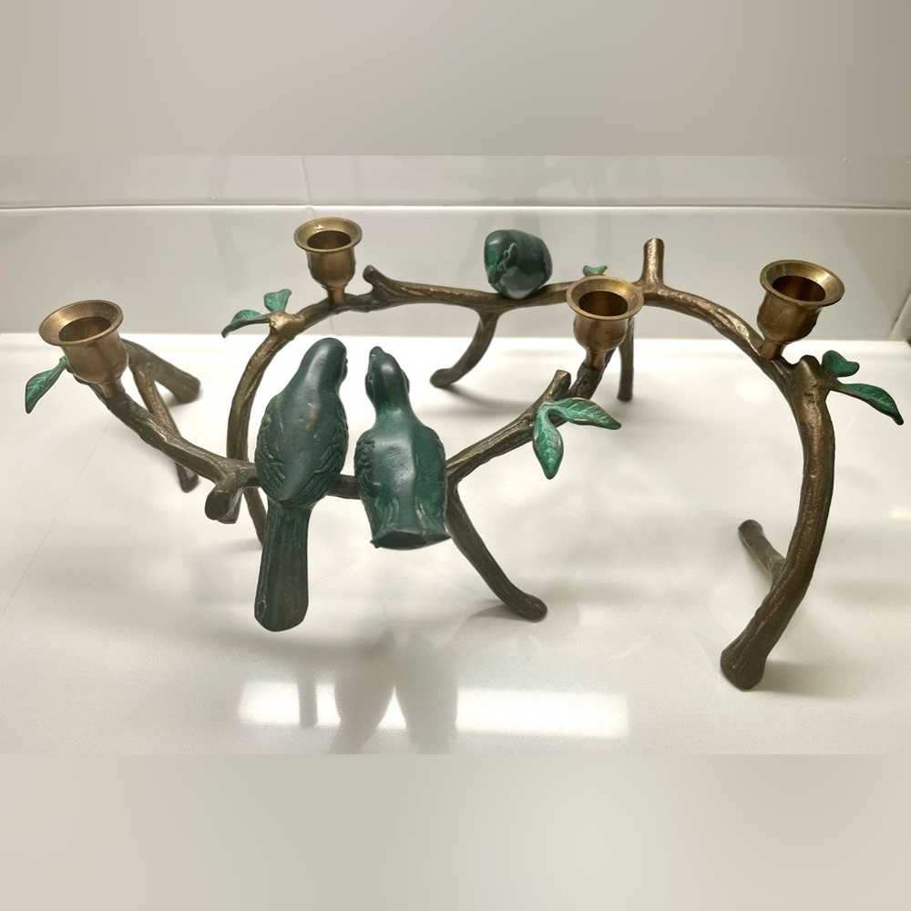 Set Of 2 Bronze Tapered Candlestick Holders Birds On Branch Table Centerpiece